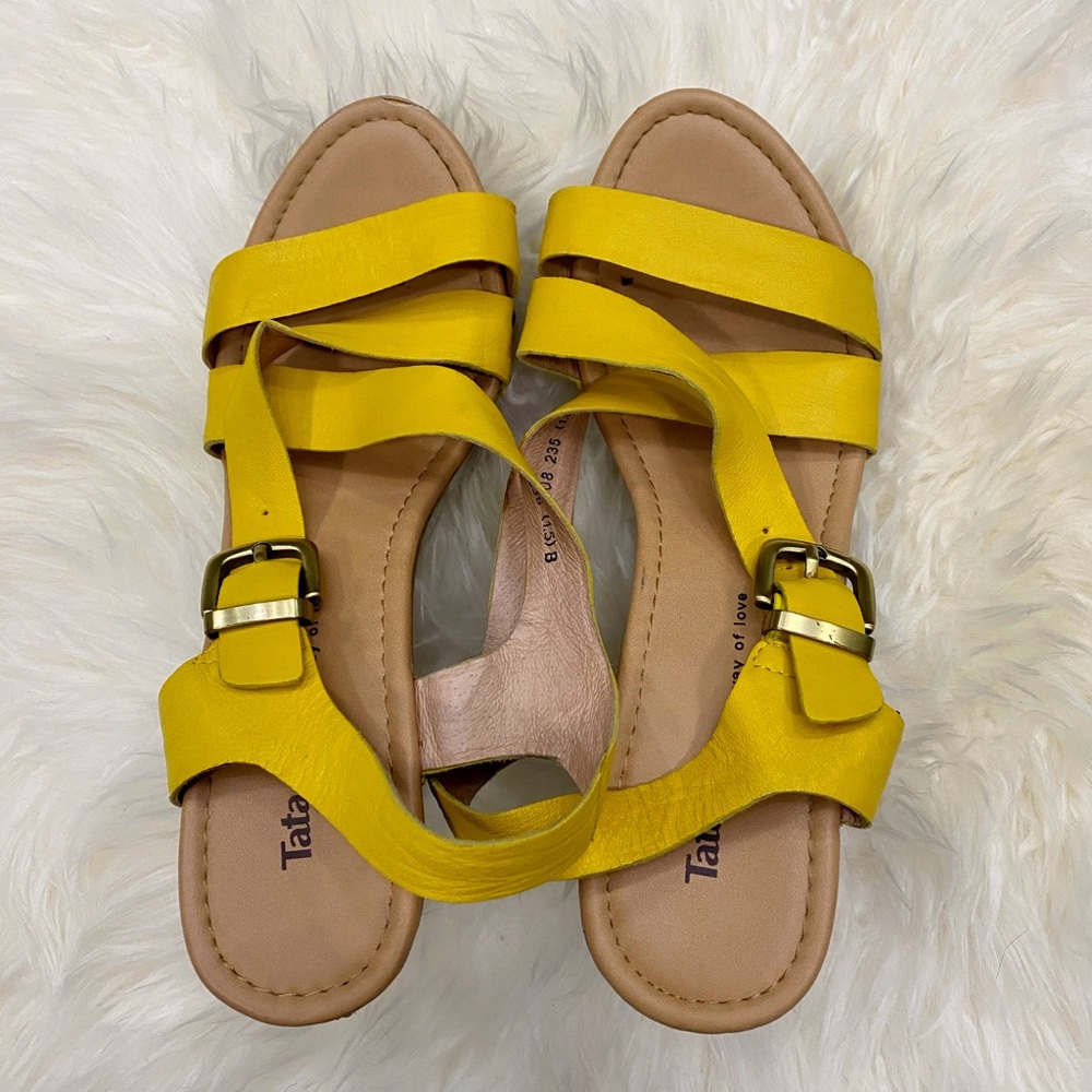 Yellow Leather Strapped Wood Heeled Sandals Shoes